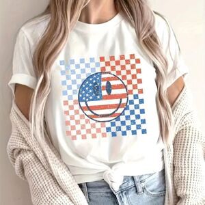 Super cute red white and blue smiley face tee